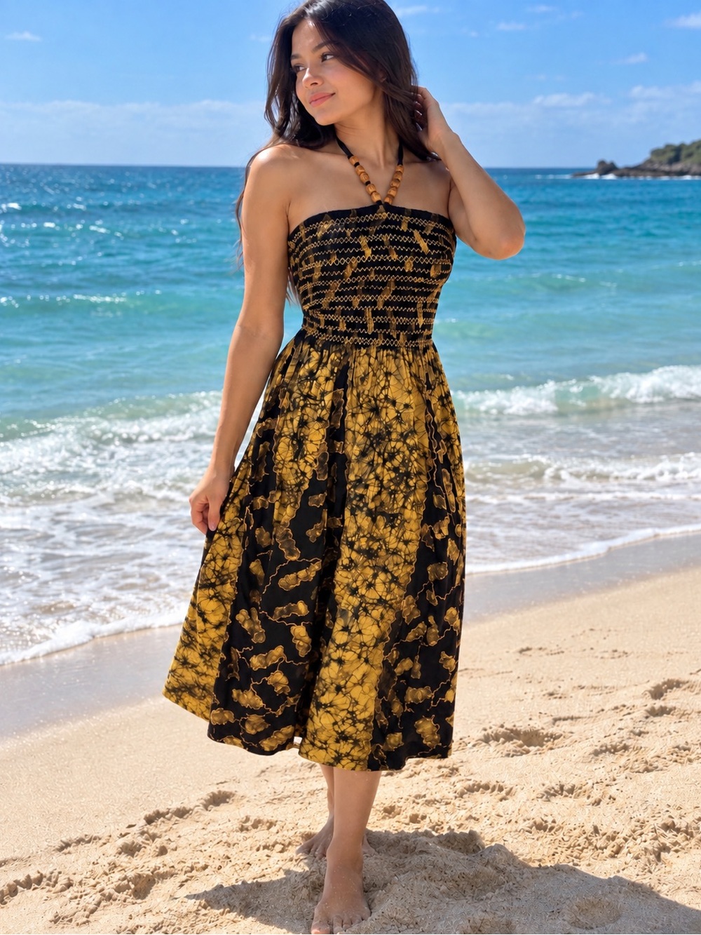 Advance Apparels Black & Gold Strapless smocked batik Midi Dress